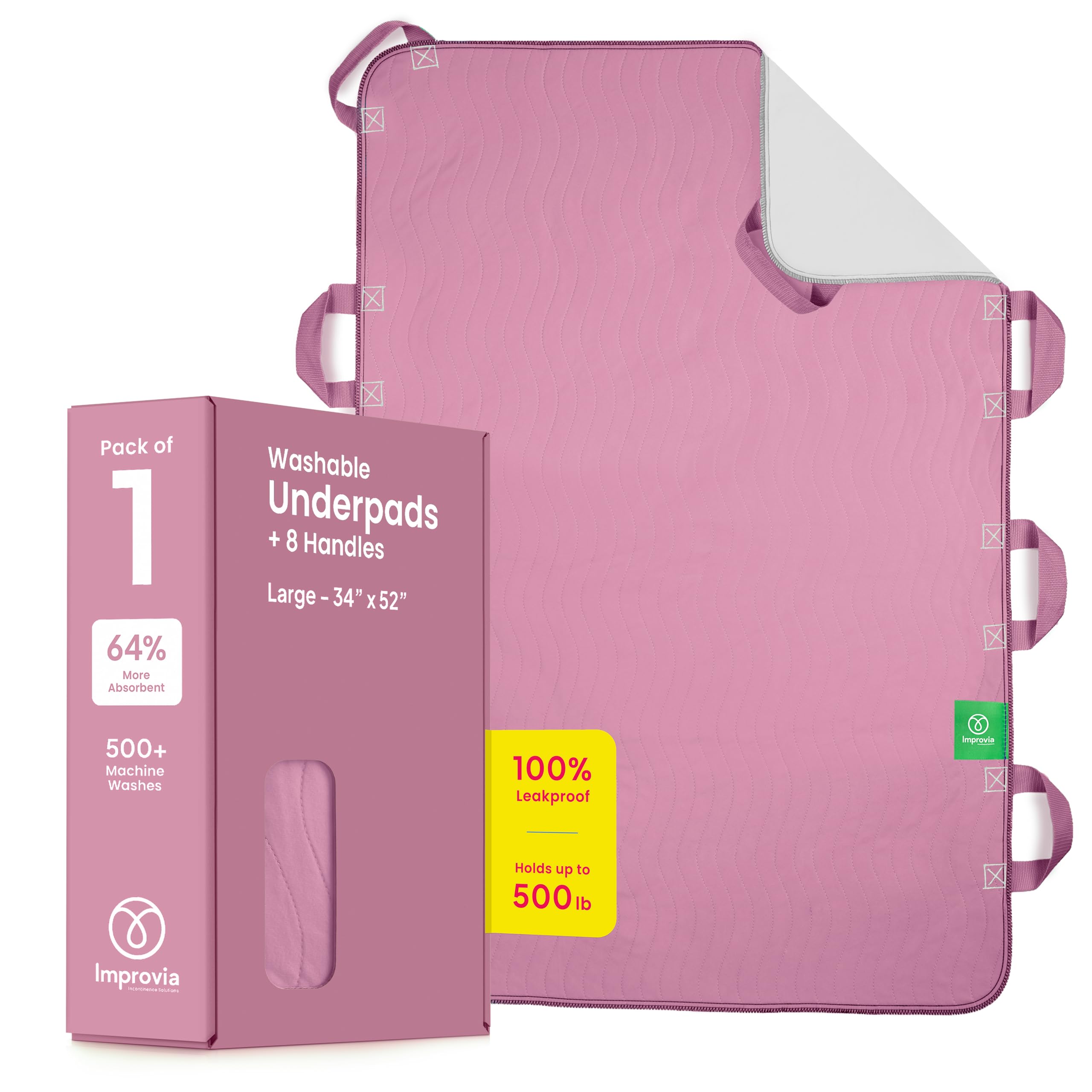 Improvia Positioning Bed Pad, with 8 Reinforced Handles, Quick-Drying, Washable, Waterproof, for Lifting, Turning, Transfering, Elderly and Incontinence Patients (Pink, 34" x 52" - Pack of 1)