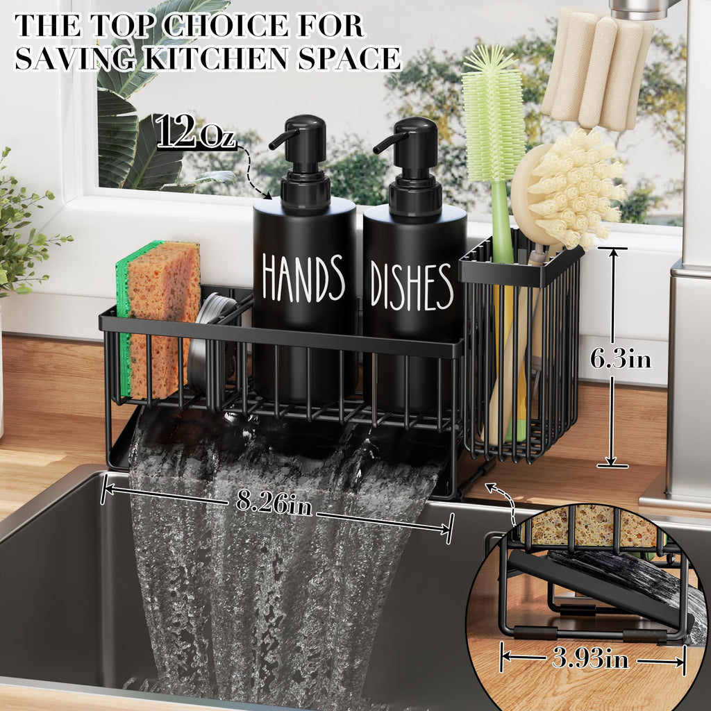 MASADI Kitchen Dish Soap Dispenser Set with Sponge Holder, 12OZ Glass Bottle, Hand and Dish Soap Dispenser Set, Non-Slip Silicone Pad, Brush Holder, Kitchen Sink Organizer Countertop (Black)