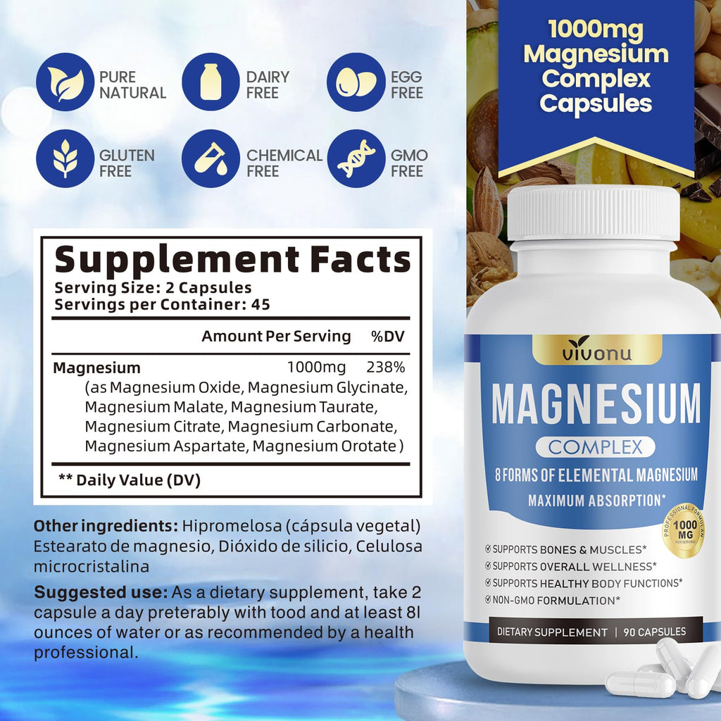 1000mg Magnesium Complex for Women & Men*, 8 Elemental with Magnesium Glycinate, Citrate, Malate, Taurate, Oxide, Carbonate, Aspartate, Orotate for Bones, Muscle, Recovery, Energy, Vegan, 90 Capsules