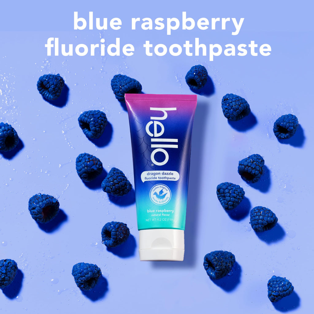 Hello Dragon Dazzle Blue Raspberry Kids Toothpaste, Fluoride Toothpaste, Ages 2+, No Artificial Sweeteners, No SLS, Gluten Free, Vegan, Pack of 12, 4.2 OZ Tubes