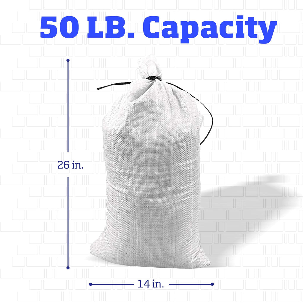 DURASACK Heavy Duty Sand Bags with Tie Strings Empty Woven Polypropylene Sand-Bags for Flood Control with 1600 Hours of UV Protection, 50 lbs Capacity, 14x26 inches, White, Pack of 20