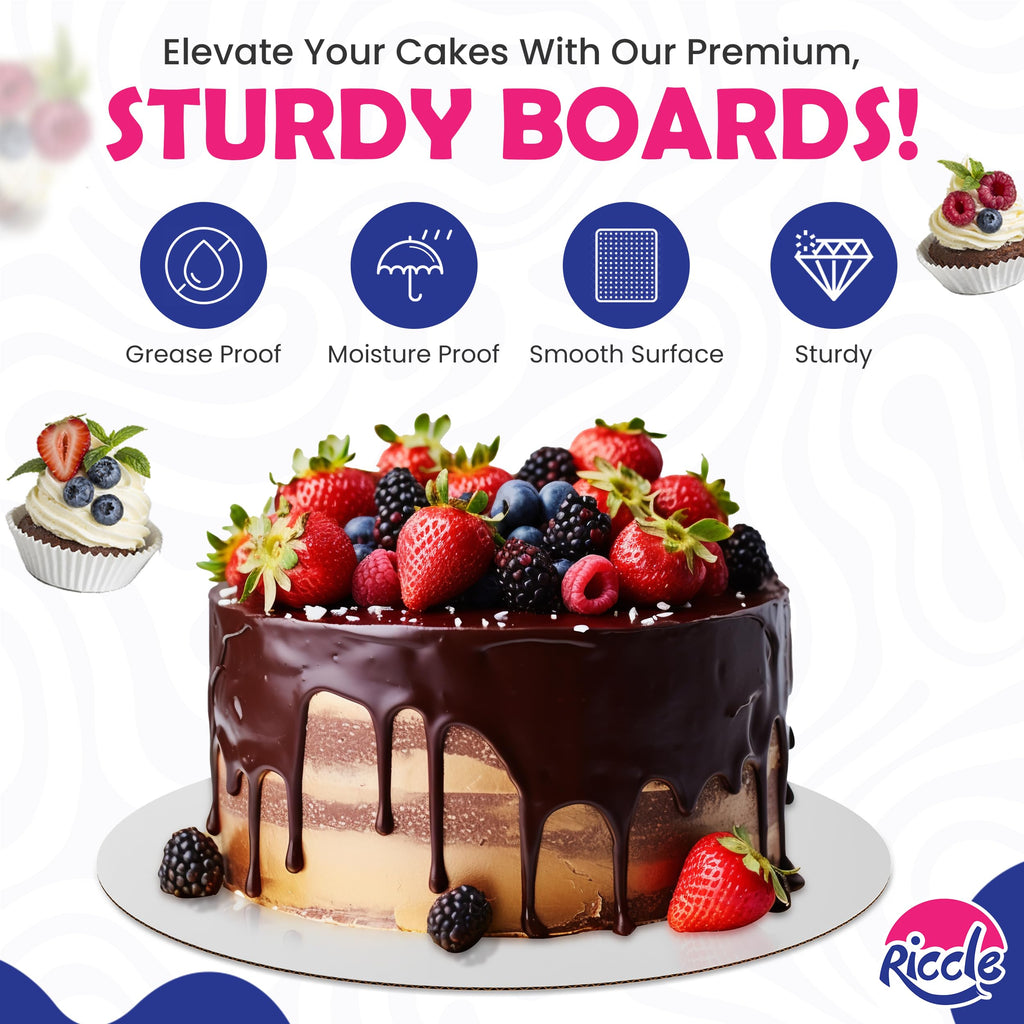 Riccle Cake Boards 10 Inch Round Pack of 50- Smooth Edged 10" Board, Disposable - Sturdy - White Cardboard Circles -Food Grade