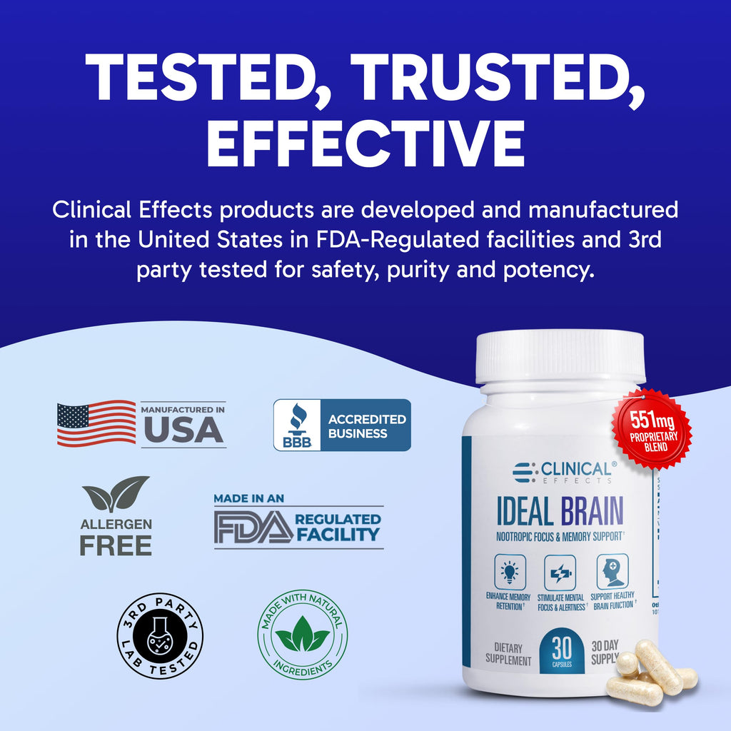 Clinical Effects Ideal Brain - Dietary Supplement for Nootropic Focus and Memory Support - 30 Capsules - B Vitamins, GABA, Alpha-GPC - Helps Support Mental Focus, and Optimal Brain Function