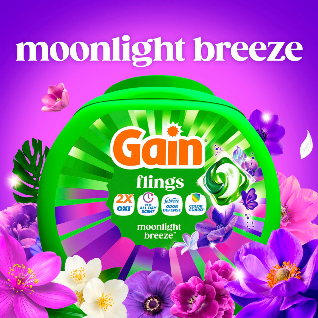 Gain Flings Laundry Detergent Pods Odor Defense + Color Guard, Moonlight Breeze Scent, 4-in-1 Liquid Laundry Detergent Pacs with Oxi Boost and Febreze, 112 Count (Packaging May Vary)