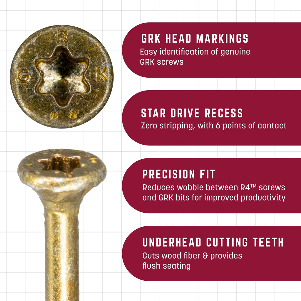 GRK Fasteners R4™ #9 x 2-1/2 Inch, Multi-Purpose Framing Screws, 575 PCS, Rust Resistant Climatek™ Coating, Outdoor Fencing and Deck Screws, Fast Bite Tip, Star Drive Recess, T-25 Bit Included, Gold