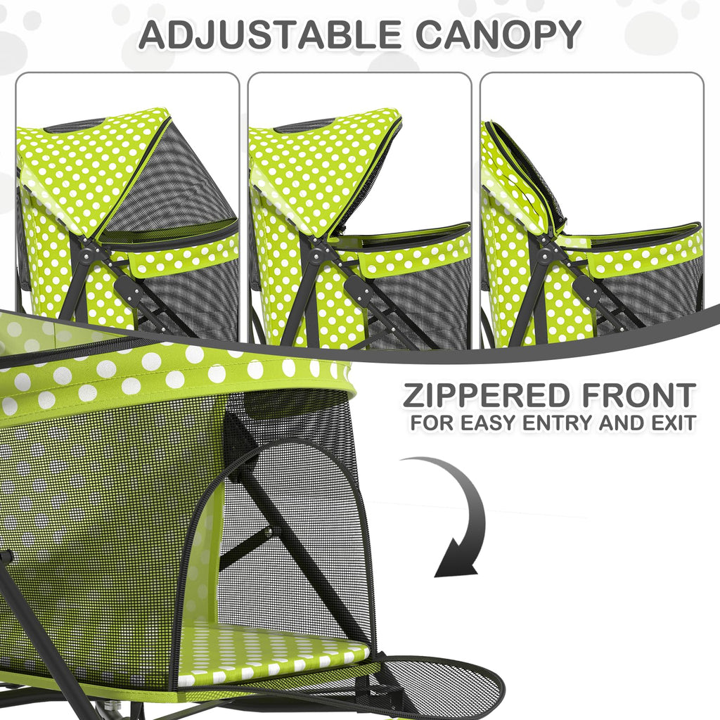 MoNiBloom 4 Wheels Pet Stroller, Easy-Fold Umbrella Shaped Dog Cat Jogger Stroller w/Storage Bag & Visible Mesh for Small/Medium Dogs Cats Lawn Green Polka Dots