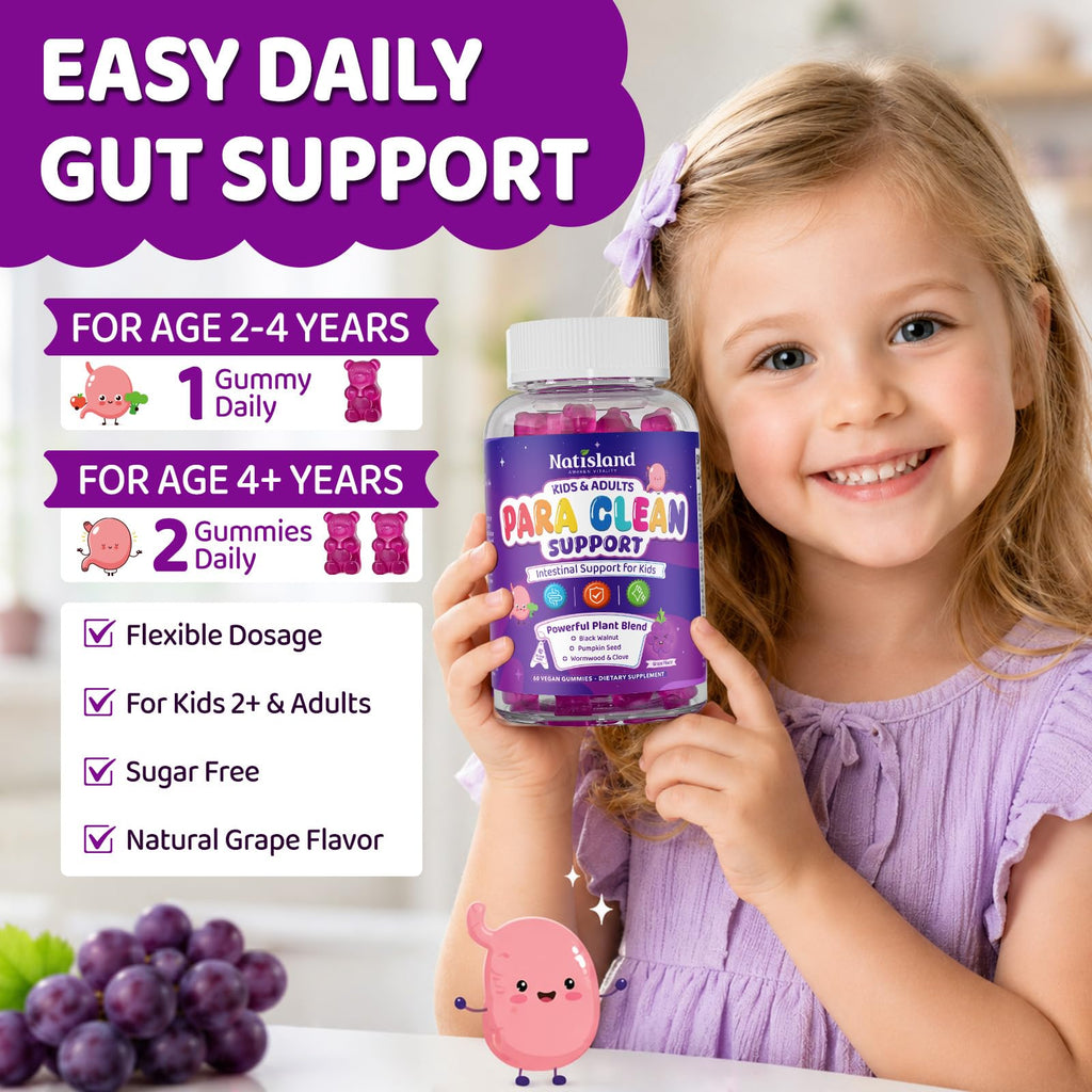 NATISLAND para Cleanse for Humans & Kids, Herbal Gut Health Gummies with Wormwood Black Walnut Clove, Pumpkin Seed & Papaya Seed, Sugar Free, Vegan, Grape Flavor, 60 Gummies
