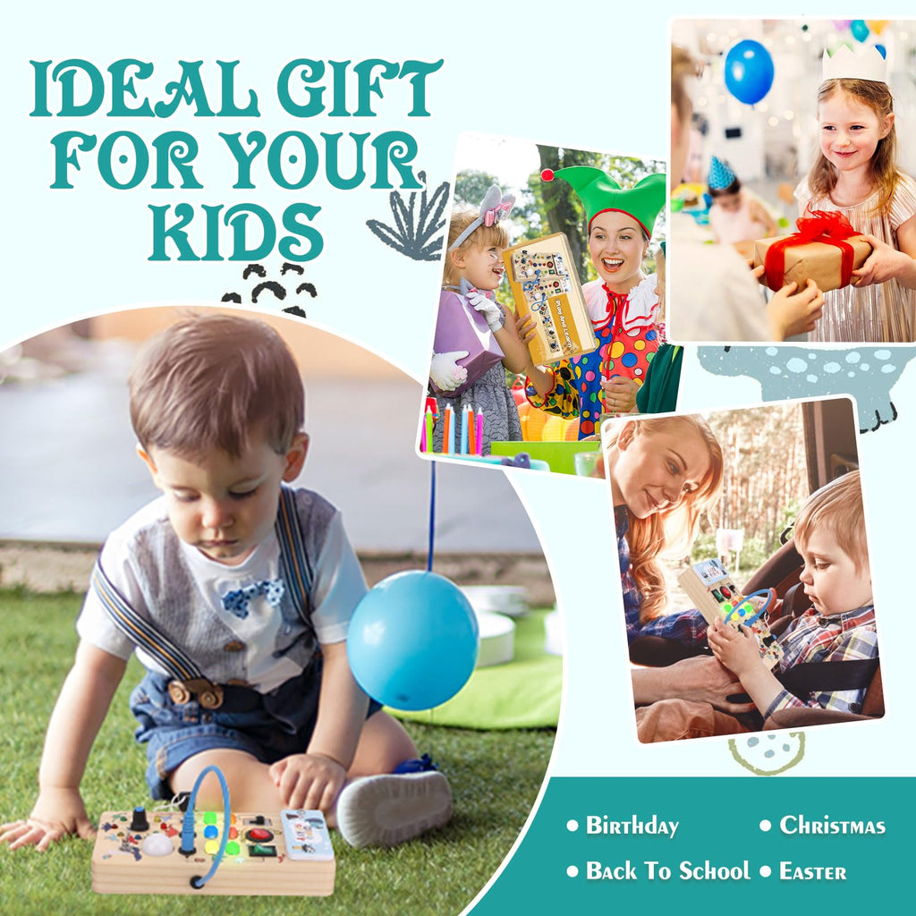 Dinosaur Busy Board with 8 LED Light Switches, Toddler Montessori Busy Board with Light Switch, Sensory Travel Toys, Montessori Toys for 1+ Year Old Boys