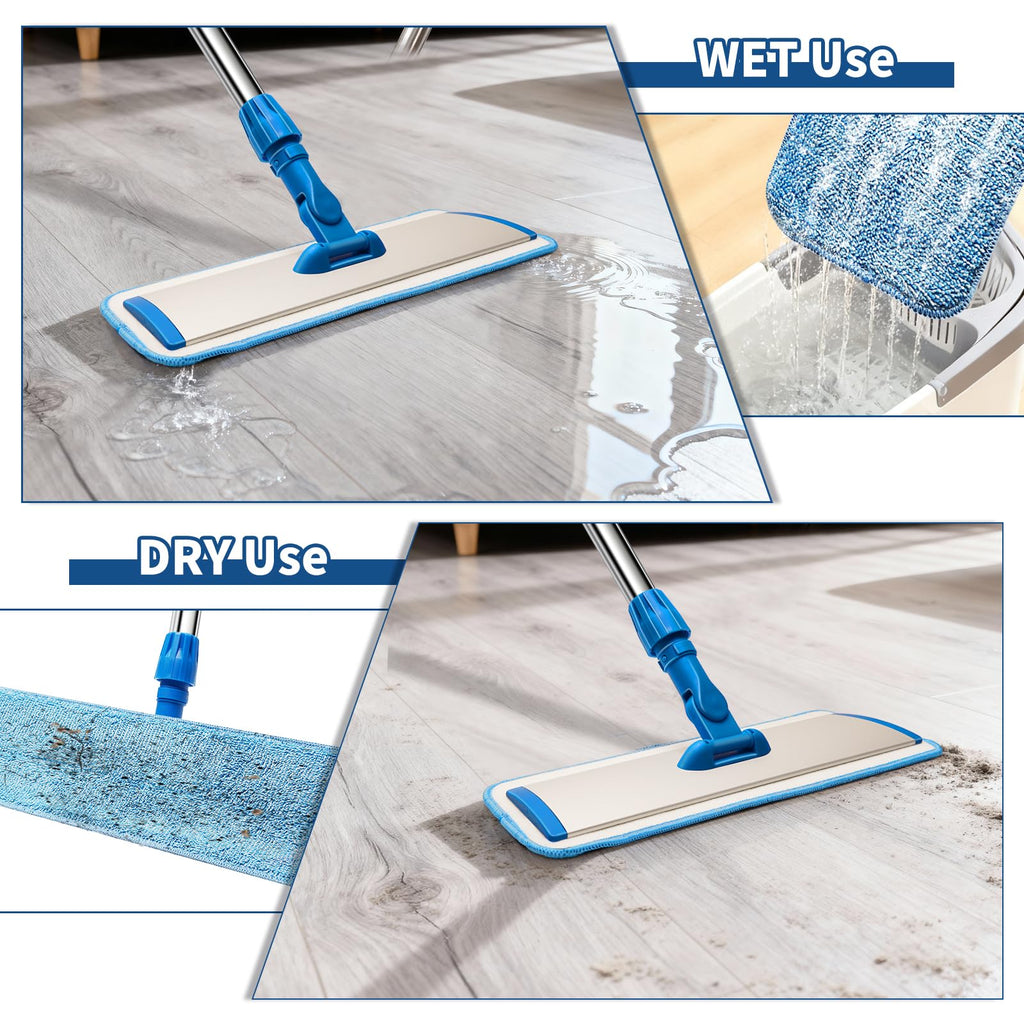 18" Professional Microfiber Mop Floor Cleaning, Flat Mop with Stainless Steel Handle,360-Spin Head with 2 Reusable Washable Pads, Microfiber Wet and Dust Mopping for Hardwood and Tile,Blue