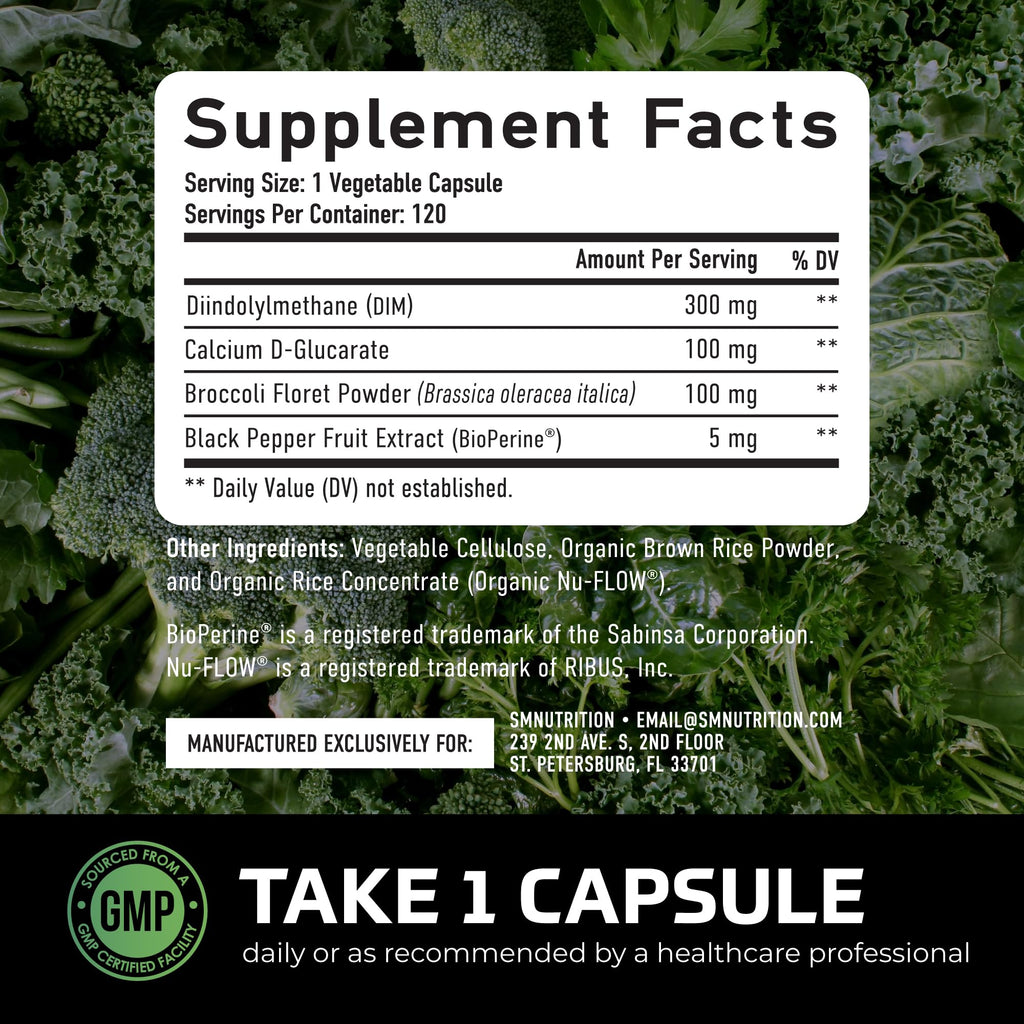 DIM Supplement for Men 300mg | Estrogen Blocker & Aromatase Inhibitor | Extra Strength Men’s Hormone Balance & Fitness Booster with Diindolylmethane Plus CDG & Broccoli Floret | Gluten-Free | 120 Ct