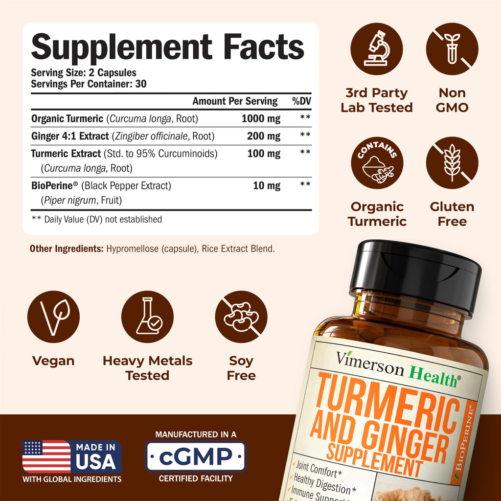 Turmeric Curcumin Supplement with Ginger Root for Joint Support, Digestive & Gut Health - Contains Organic Turmeric Curcumin with Black Pepper (Bioperine) for Enhanced Absorption - 60 Capsules