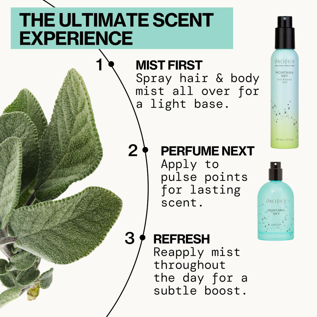 Pacifica Hair Mist Perfume & Full Body Spray for Women - Montana Sky Body Mist Fragrance w/Cedarwood, Elderflower, Black Pepper, Sage & Sandalwood Clean Beauty Alcohol-Free, Vegan & Cruelty-Free 5 oz