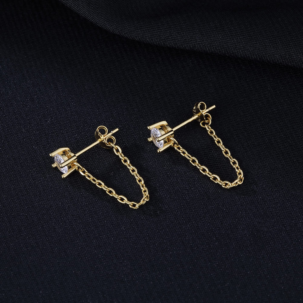 Reffeer 925 Sterling Silver CZ Chain Studs Earrings Dangle for Women Teen Girls CZ Chain Drop Earrings Studs (B-Gold)