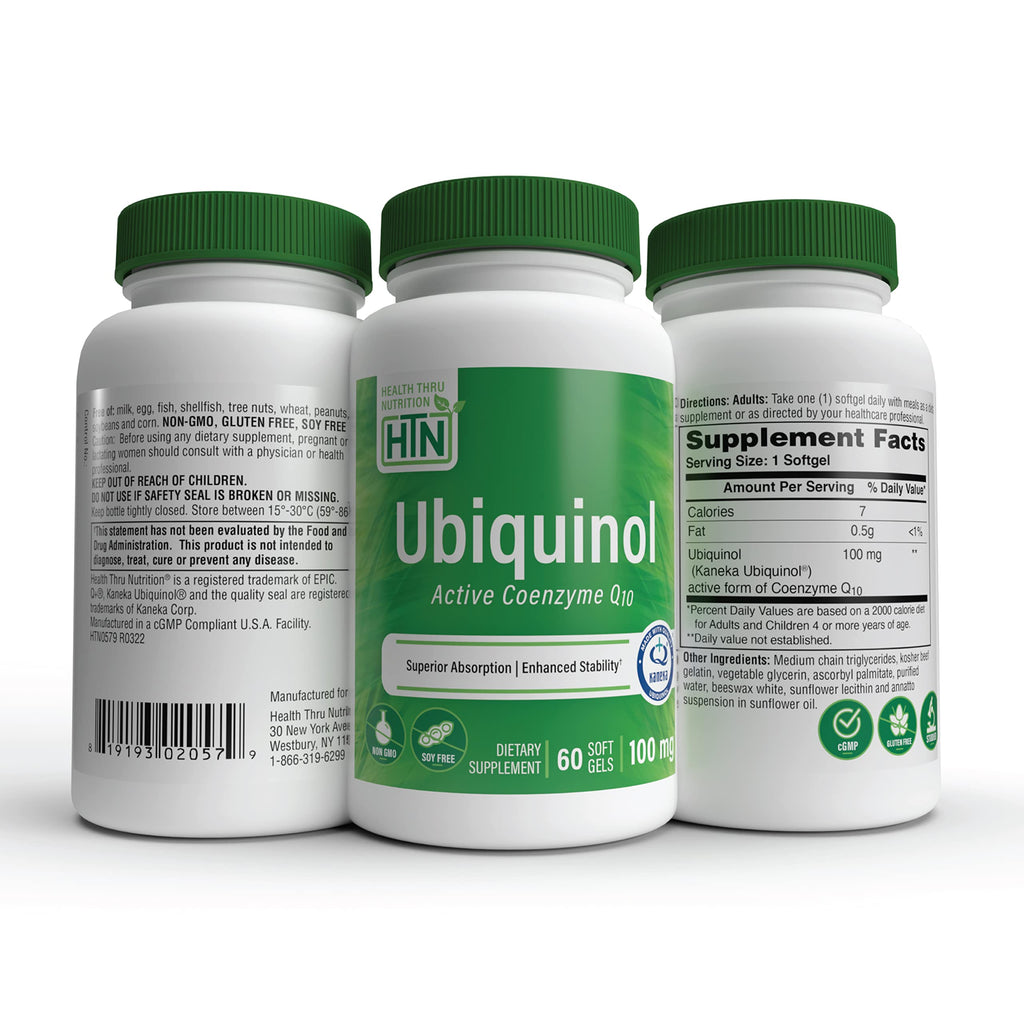 Health Thru Nutrition Ubiquinol 100mg 60 Softgels as Kaneka QH Reduced CoQ-10 | Stabilized - 3rd Party Tested | Enhanced Bioavailability | Cardiovascular & Mitochondria Function Support | Non-GMO
