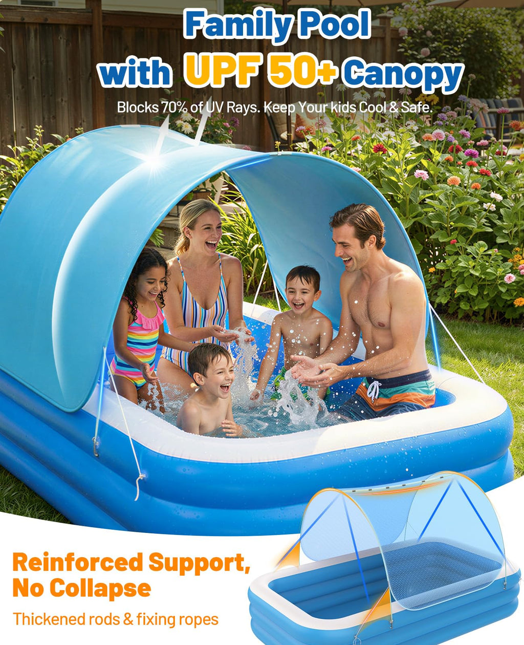 HeySplash Inflatable Pool with Canopy, Swimming Pool for Adults, Large Blow Up Pool Ideal for Family Backyard Garden Party, Outdoor Summer Fun, 118" x 69" x 24"(Blue)