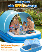 HeySplash Inflatable Pool with Canopy, Swimming Pool for Adults, Large Blow Up Pool Ideal for Family Backyard Garden Party, Outdoor Summer Fun, 118" x 69" x 24"(Blue)