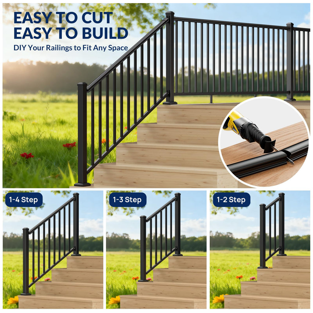 Egadis 36 in. H x 8 ft. W Aluminum Stair Railing Kit, Railings for Outdoor Steps, Black Textured AAMA 2604 Powder-Coat Finish Modular Rail System for Concrete Steps or Wooden Stairs(1 Post, 1 Panel)