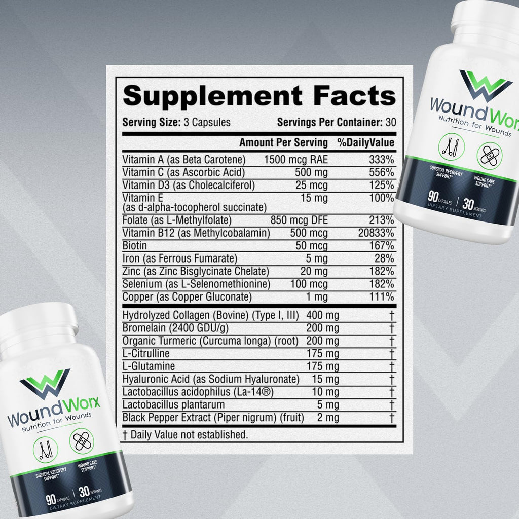 Free Life Labs WoundWorx Nutrition-Scar and Surgery Support, Wound Care, General and Plastic Surgery, Healing Support, Amino Acids, Collagen, Probiotics, Turmeric, Bromelain-90 caps