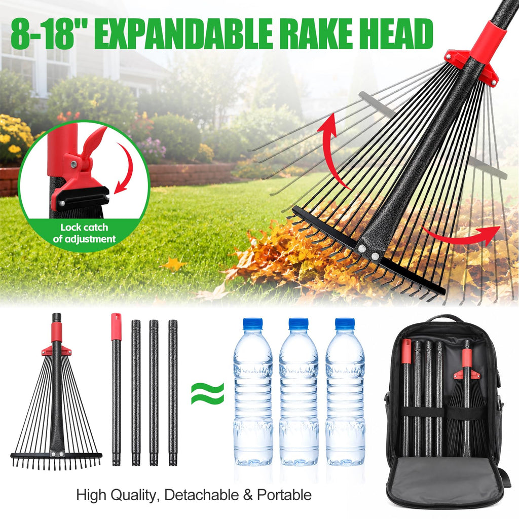 76Inch Adjustable Metal Leaf Rake, 18 Metal Tines Heavy Duty Leaves Rake for Lawns with 8-18" Expandable Head Long Handle Garden Rakes for Leaves Yard Gardening Grass Outdoor Camping Debris