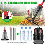 76Inch Adjustable Metal Leaf Rake, 18 Metal Tines Heavy Duty Leaves Rake for Lawns with 8-18" Expandable Head Long Handle Garden Rakes for Leaves Yard Gardening Grass Outdoor Camping Debris