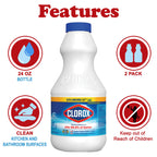 Clorox Regular Disinfecting Bleach Cleaner, 2 Pack Concentrated Liquid Bleach, Removes Mold, Mildew and Stains, Whitens, for Multi Purpose Cleaning and Laundry, 24 oz Bottles