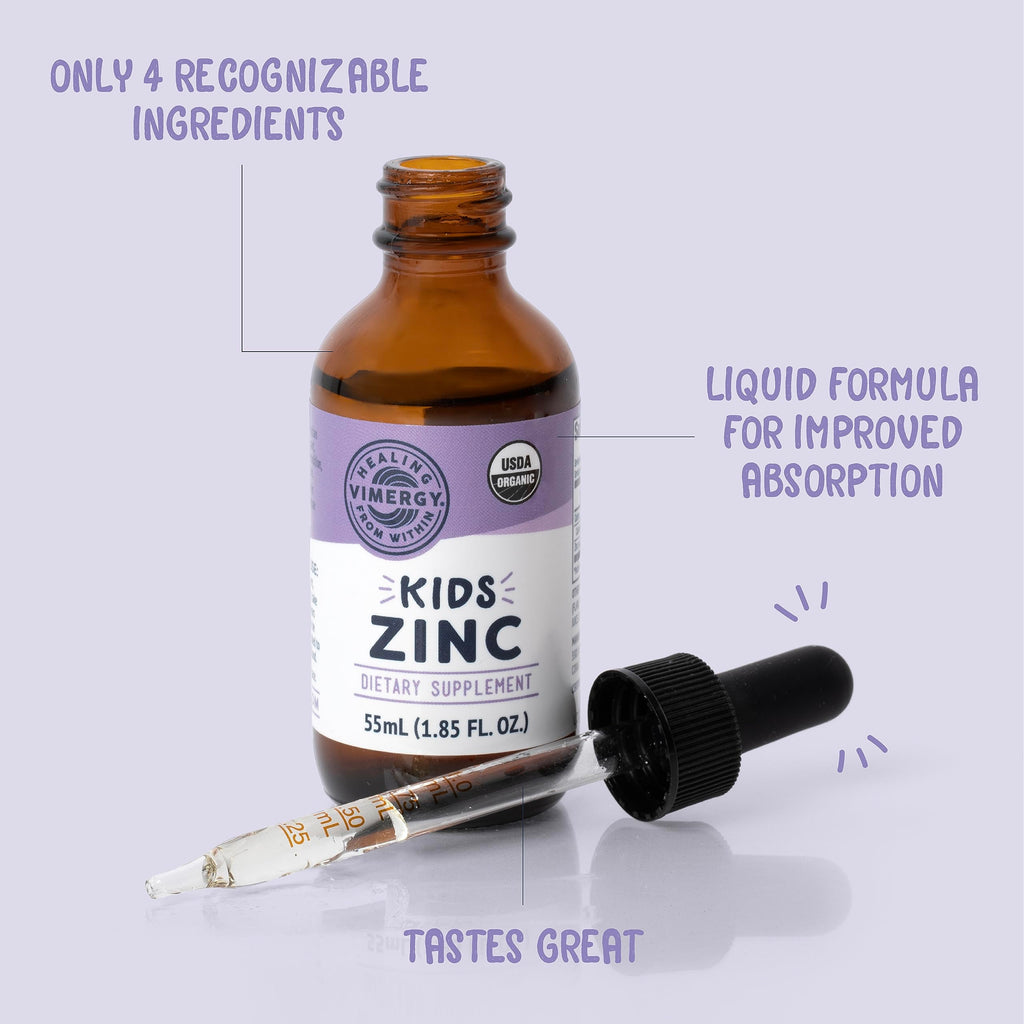 VIMERGY Kids USDA Organic Liquid Zinc Sulfate – for Children & Adolescence 1-18 Years Old, Fast-Absorbing Immune Support* – Promotes Healthy Bones, Hair & Skin, Vegan, Non-GMO – 55 mL