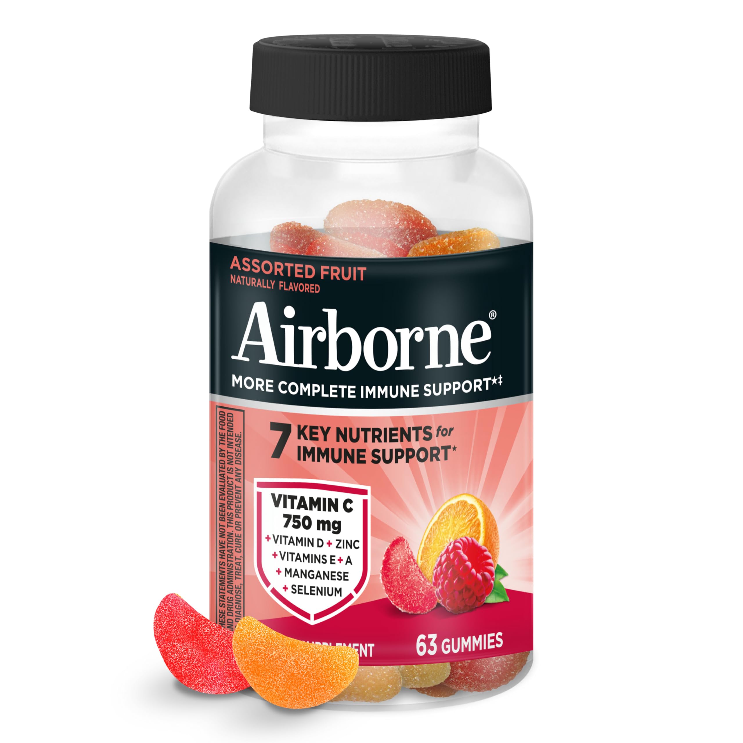 Airborne Immune Support Gummies, Assorted Fruit Flavor, 63 Ct - 750 mg Vitamin C + Vitamins A, D & E + Zinc, Selenium, and Manganese | with Herbal Blend | Naturally Flavored