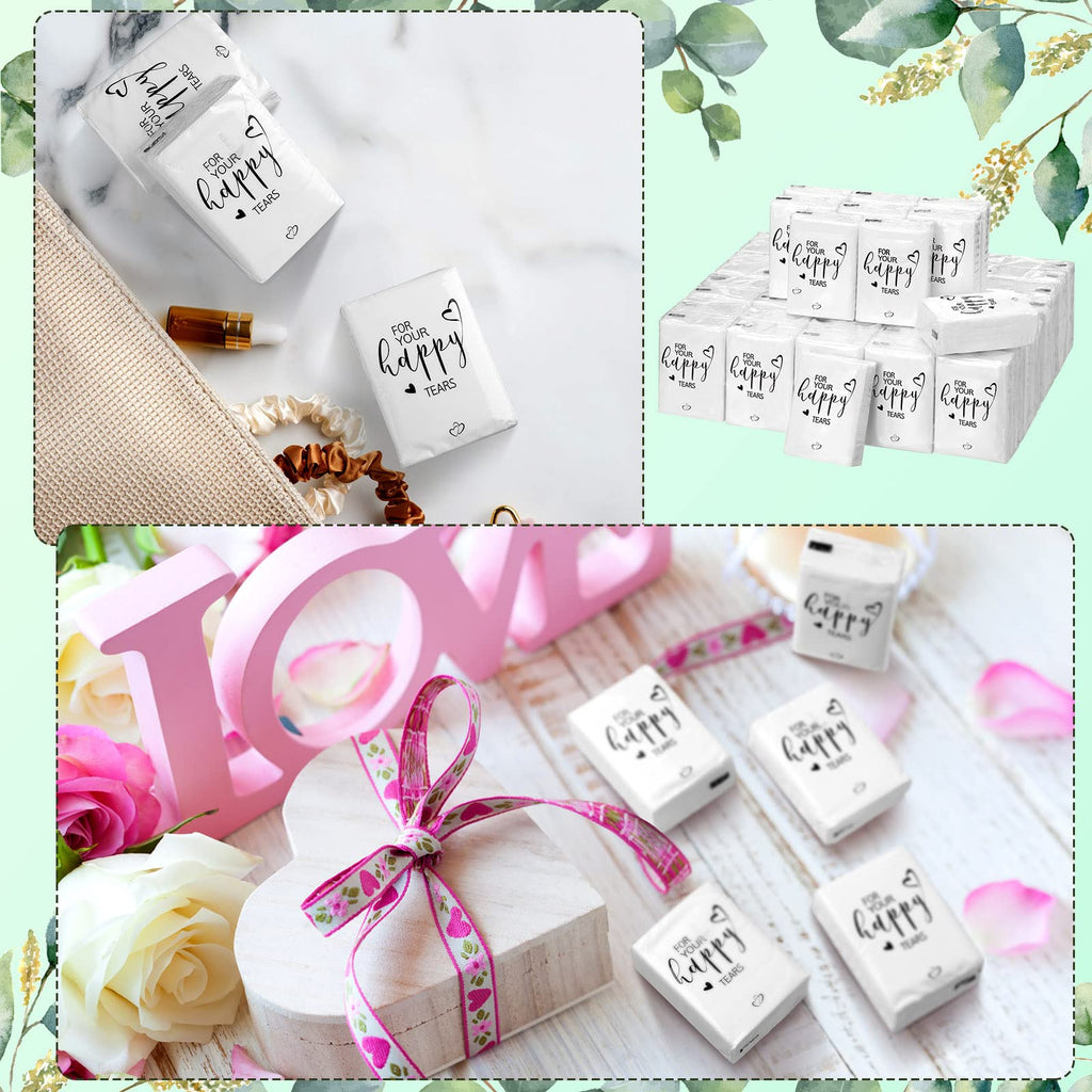 Spiareal 50 Pcs Happy Tears Tissues for Wedding 3 Ply for Your Happy Tears Tissues Packs for Guests Individual Mini Travel Size Pocket Paper for Wedding Party Favor Graduation