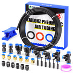 TAILONZ PNEUMATIC Black 4MM or 5/32 Inch OD 10 Meter 32.8ft PU Polyurethane Air Tubing Kit Pipe Hose Air Line Tubing Air Hose Fittings Push to Connect Fittings(29PCS)