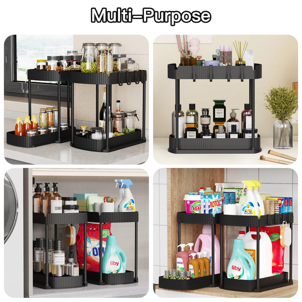 2 Packs Under Sink Pull-Out Storage Organizers, 12.8 Inches, Black