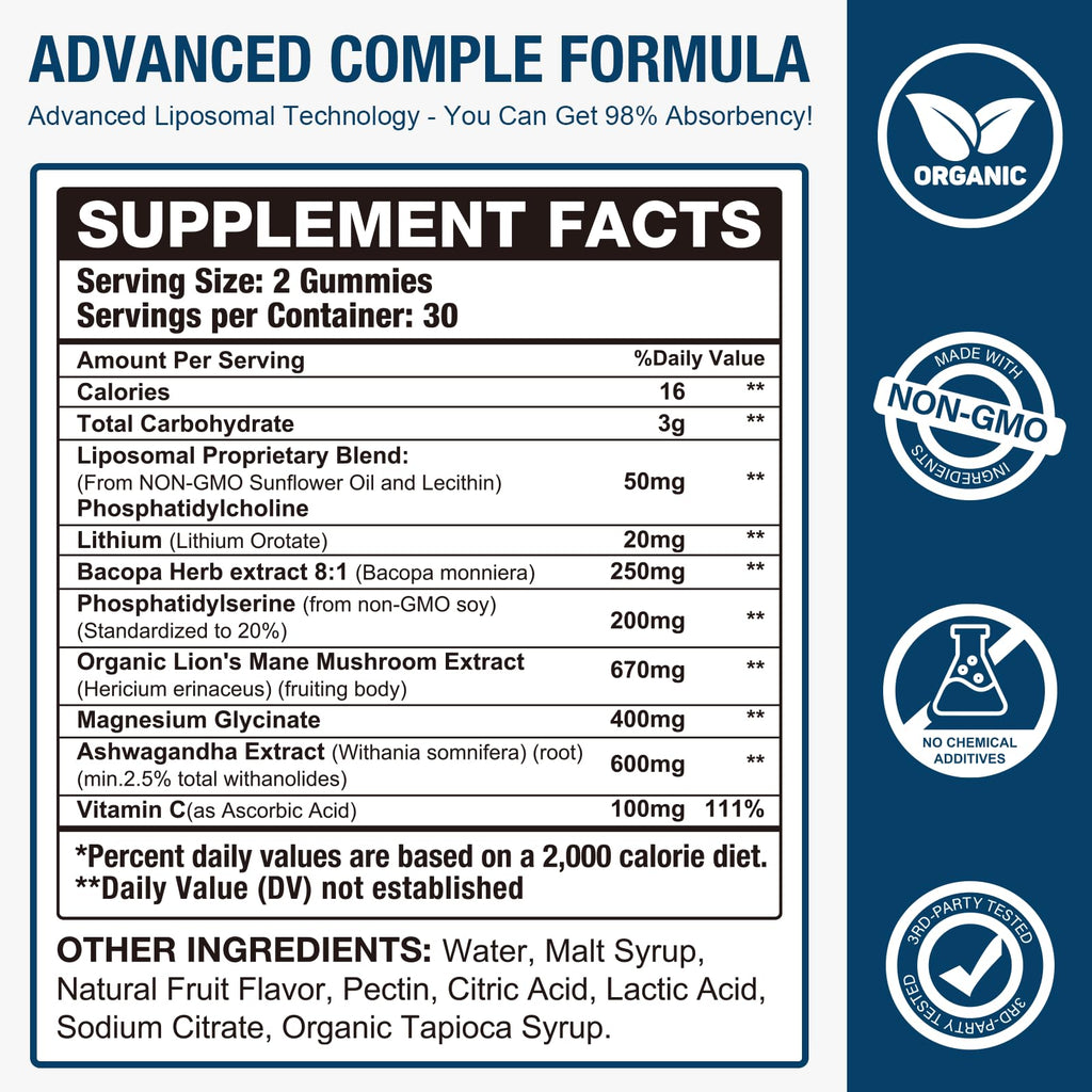 Darkenlst 2 Pack Liposomal 20MG Lithium Orotate Gummies Complex Ashwagandha,Bacopa Herb,Lion's Mane Mushroom, Magnesium Glycinate,Vitamin C,for Mood & Immune Support,Digestive System Support