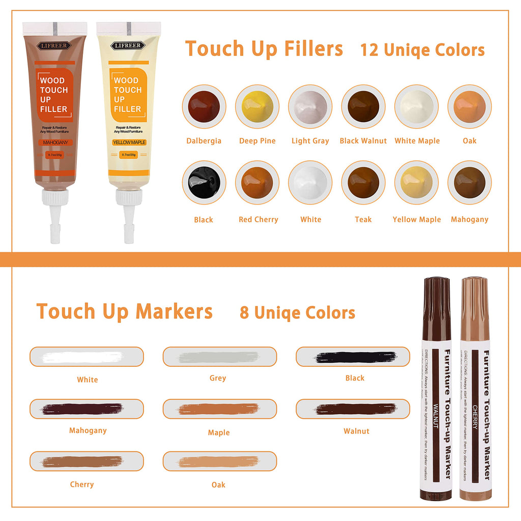 Lifreer Wood Furniture Repair Kit - 40 Pcs Wood Filler, Touch Up Markers with Wax Sticks - for Wood Floors, Stains, Scratches,Tables, Door, Carpenters, Bedposts