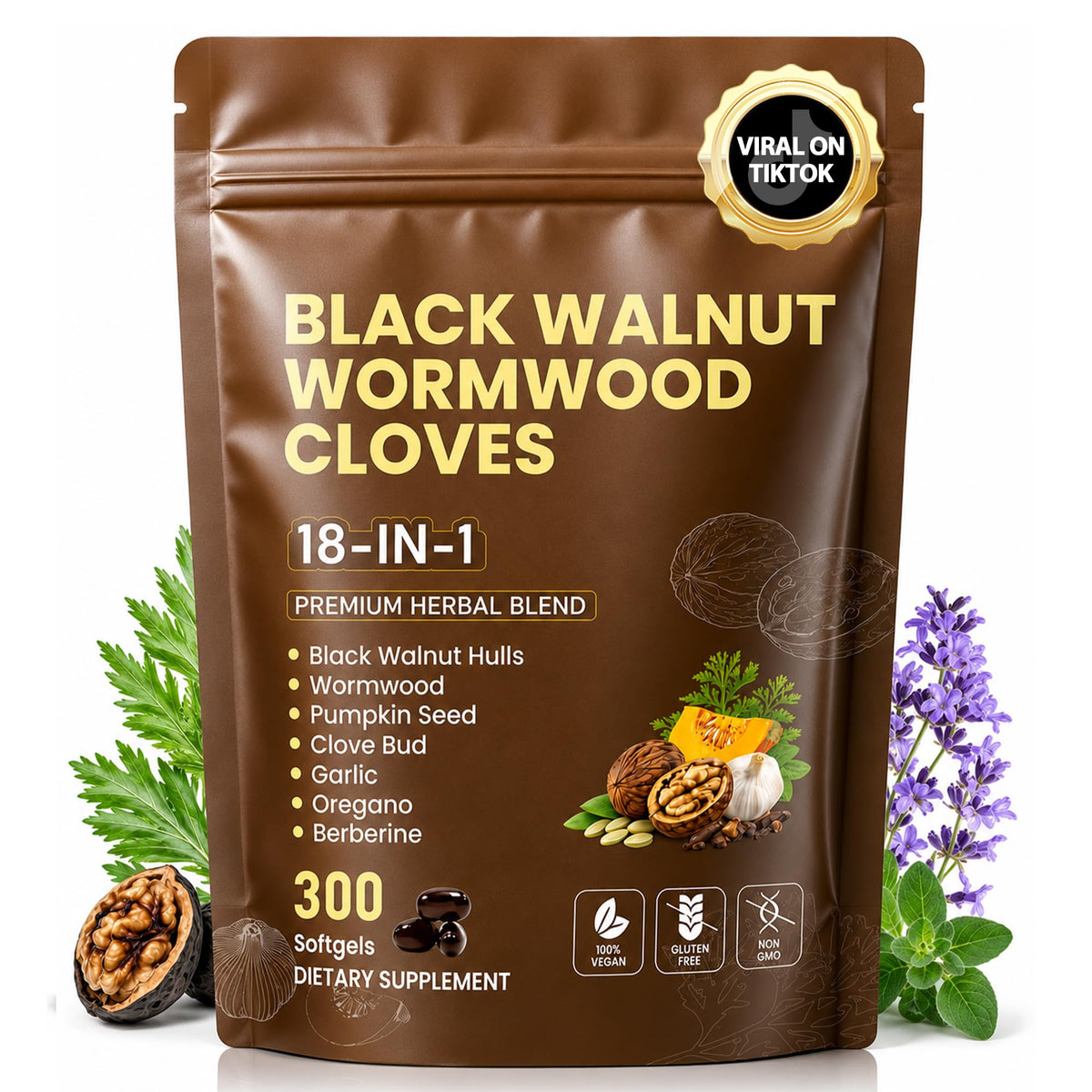18-in-1 Wormwood Black Walnut Clove Herbal Cleanse Supplement |300 Softgels