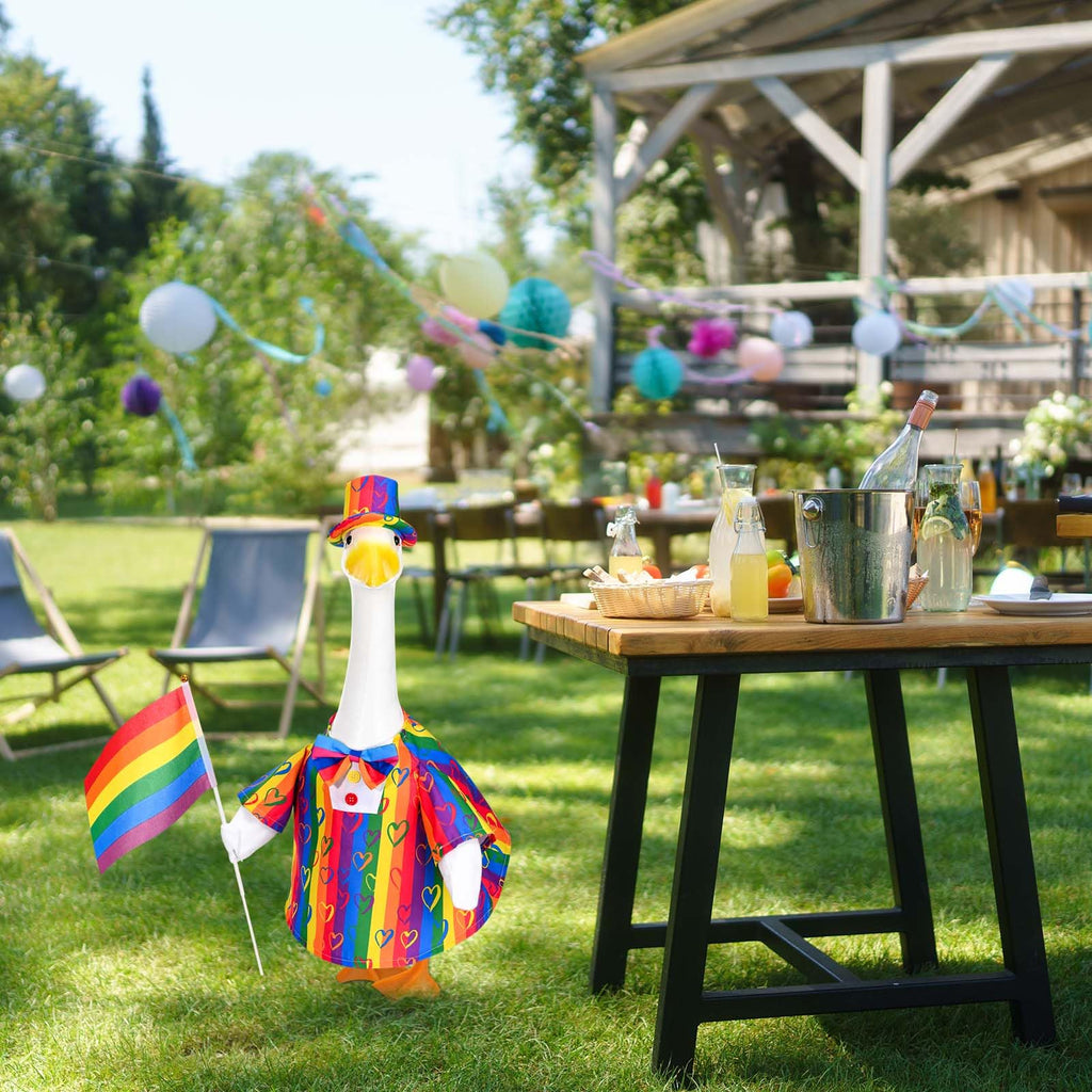 Rainbow Pride Goose Outfit Porch Goose Pride Outfits LGBTQ Goose Outfit with Love Print Rainbow Clothes Hat Bow Flag Fits 23'' Geese Statue for Pride Month Indoor Outdoor Garden Lawn Patio Yard Decor