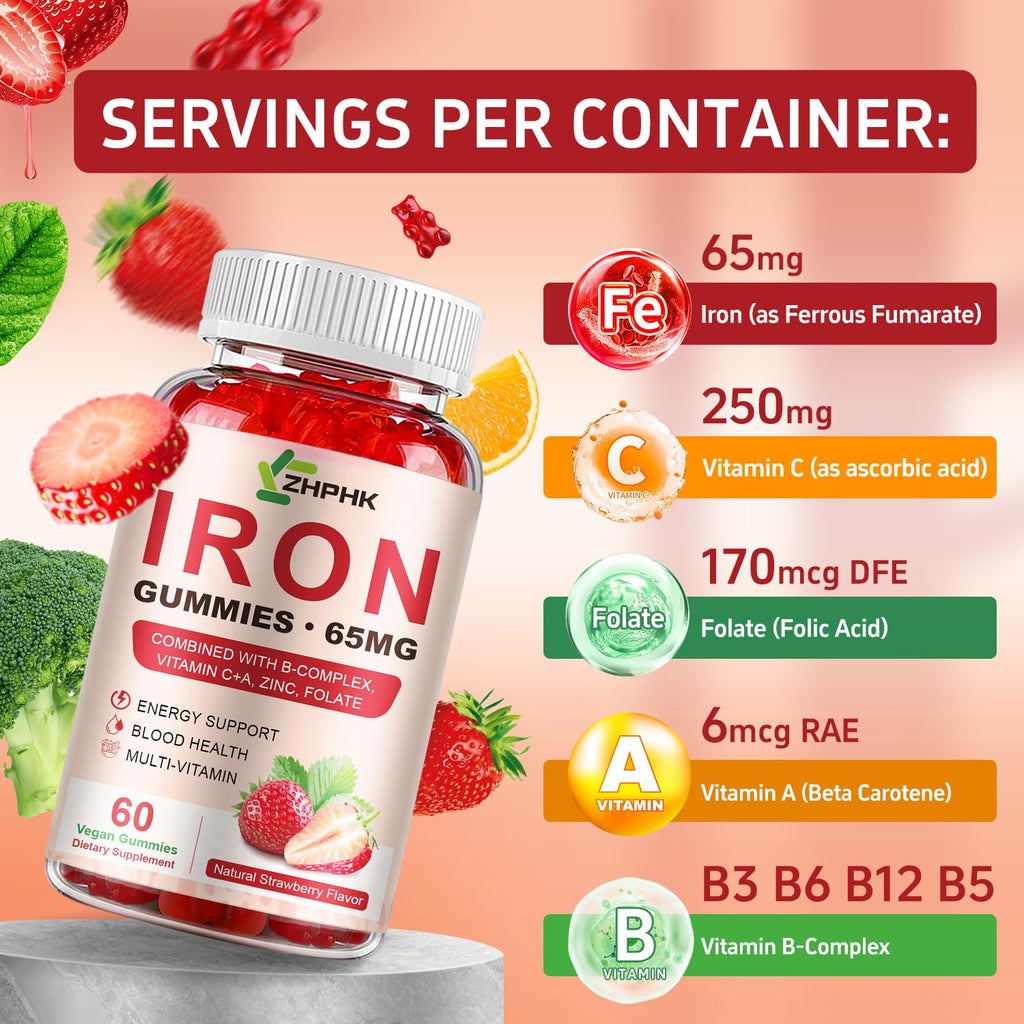 ZHPHK Iron Supplement Gummies for Women, Men & Kids, 65mg Iron & 250mg Vitamin C per Serving - Healthy Blood, Energy & Immune Support Iron Vitamin Gummy with Folate, 2 Pack