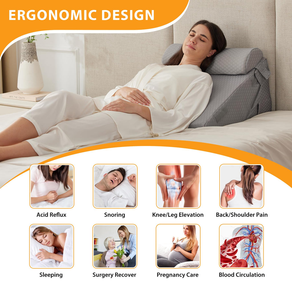 Ruqmuis 3PCS Wedge Pillow Set for After Surgery, Adjustable 9&12 Inch Bed Wedge Pillow for Sleeping, Incline Pillow Wedge for Headboard, Post Surgery, Acid Reflux, Neck&Back Support, Grey