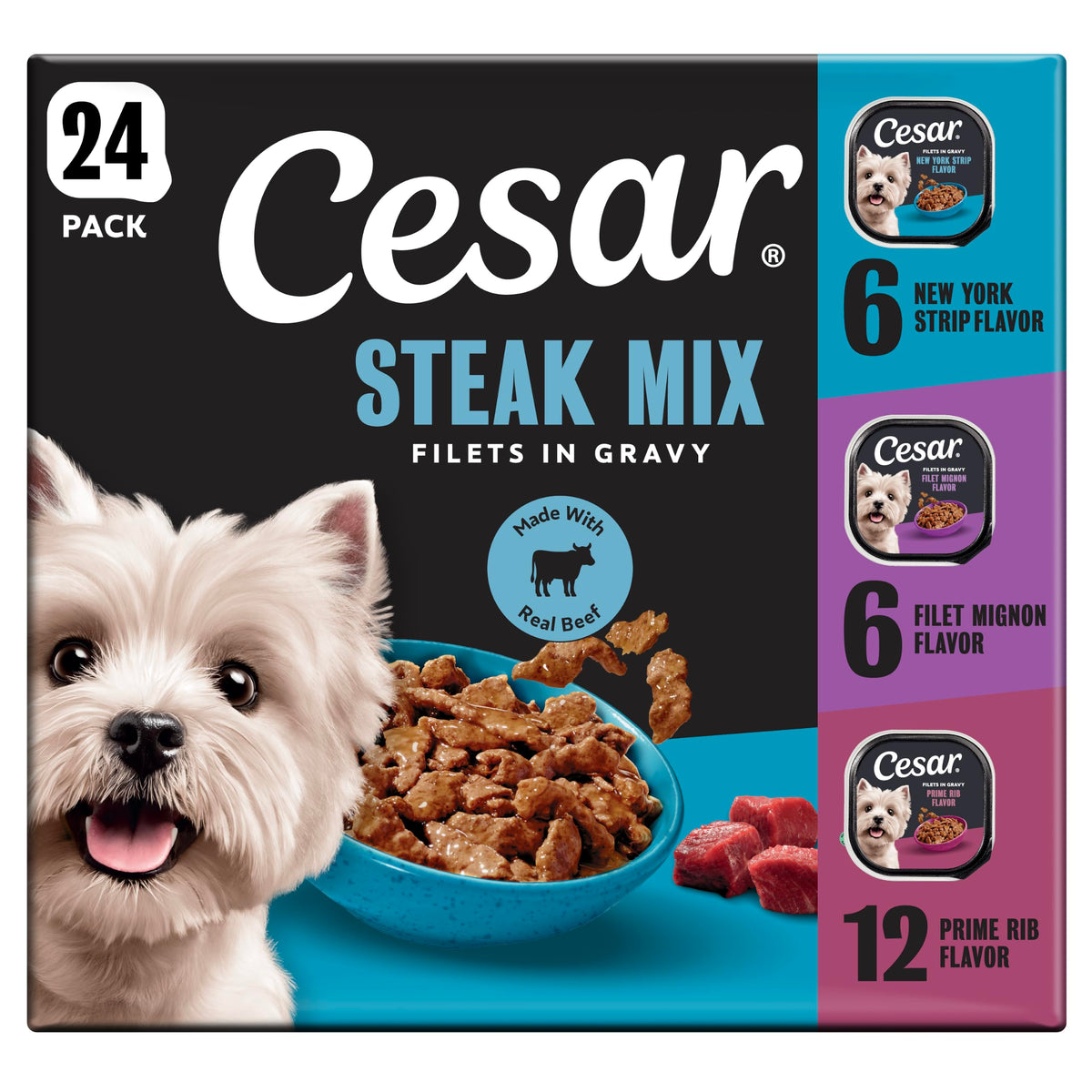 Cesar Filets in Gravy Wet Dog Food, Steak Mix Variety, 3.5 oz, 24 Count