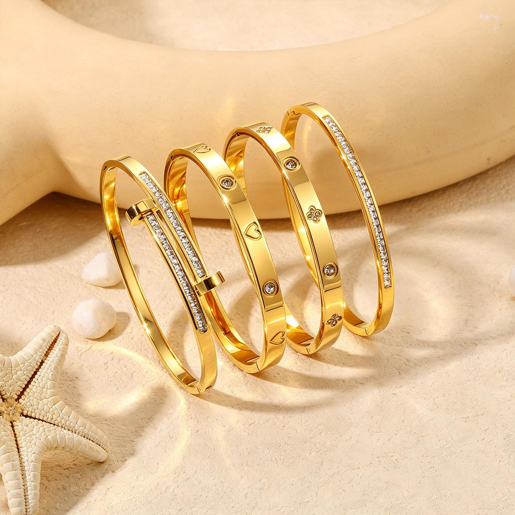 Camhanno Gold Bangle Bracelets for Women, 18K Gold Plated Stainless Steel Stackable Bangles, Non-Tarnish Trendy Jewelry, Ideal Gift for Birthday Anniversary