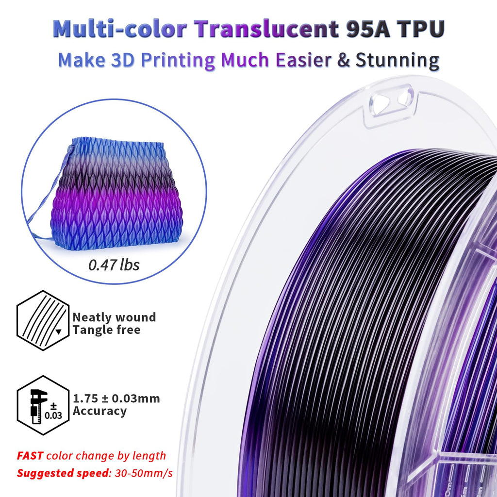 ZIRO TPU Filament 1.75mm, Shore 95A Hardness TPU, Flexible Fast Color Change Filament, Compatible with Most FDM Printers, Colorful and Soft 3D Printing Material, 0.8KG/ 1.76lbs Spool, Flex Nightsky