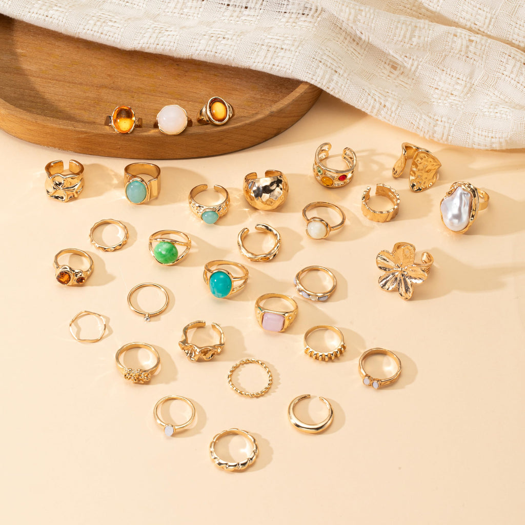 Mixcbe 30 Pcs Gold Crystal Stacks Ring Sets for Women Chunky Gemstone Knuckle Rings Boho Flower Statement Joint Finger Rings Pack for Jewelry Gift