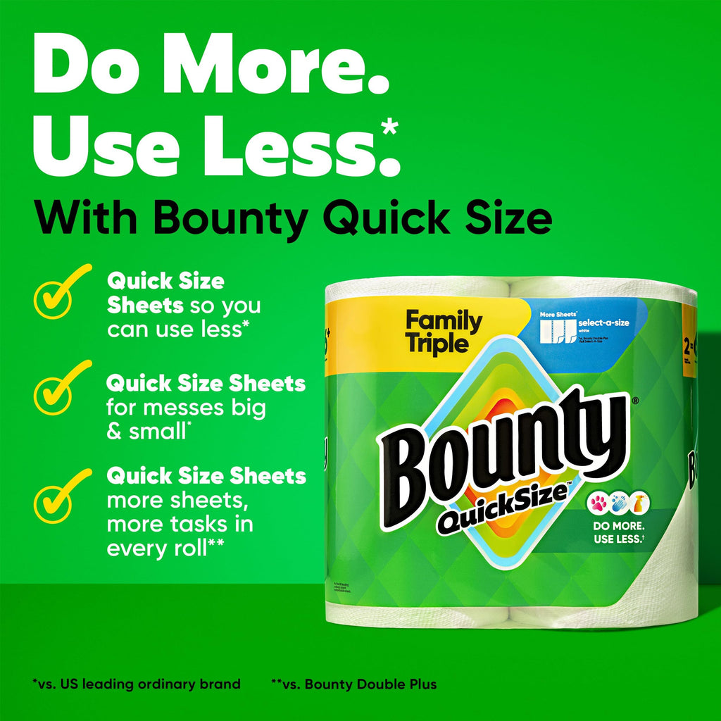 Bounty Paper Towels Quick Size, White, 2 Family Triple Rolls = 6+ Regular Rolls