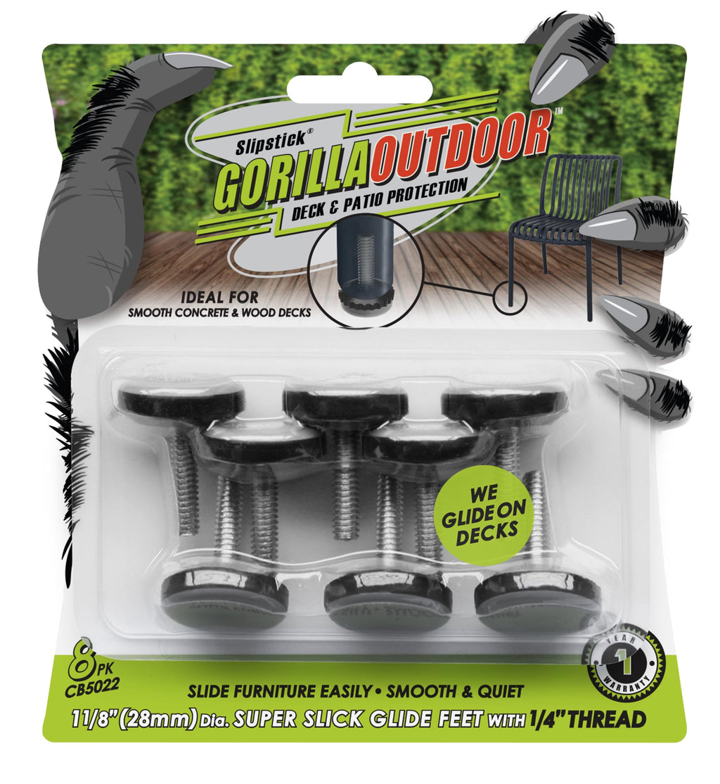 Slipstick Gorilla Outdoor Adjustable Furniture Levelers (8 Pack) Weatherproof Screw in Leg Glides for Chairs, Tables, and Outdoor Furniture Feet, 1-1/8 Inch Slider Glide, 1/4"-20 BSW Thread