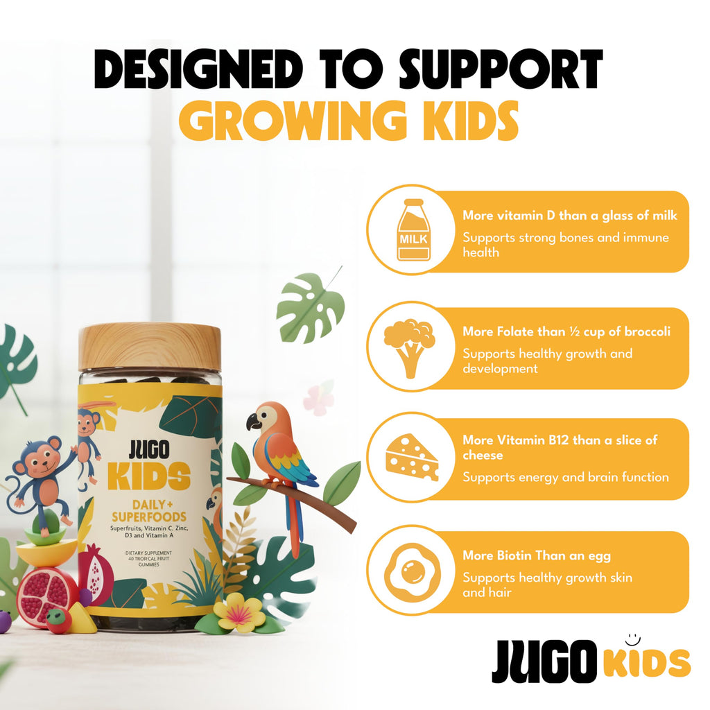 JUGO Kids Daily + SUPERFOODS Multivitamin Gummies for Picky Eaters with Super Greens & Super Fruits, Vitamin C, A, and Zinc Supplements with Biotin, Gluten-Free, Non-GMO, 50 Count