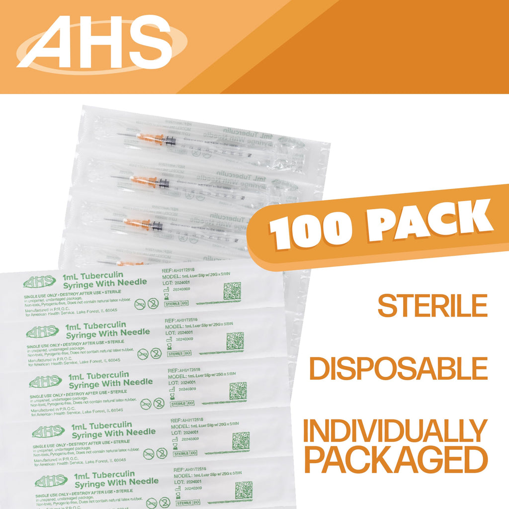 Generic 100 Pack, 1mL Tuberculin Syringes with Needle Luer Slip Syringe Individually Packaged (1mL, 25G x 5/8in), Clear