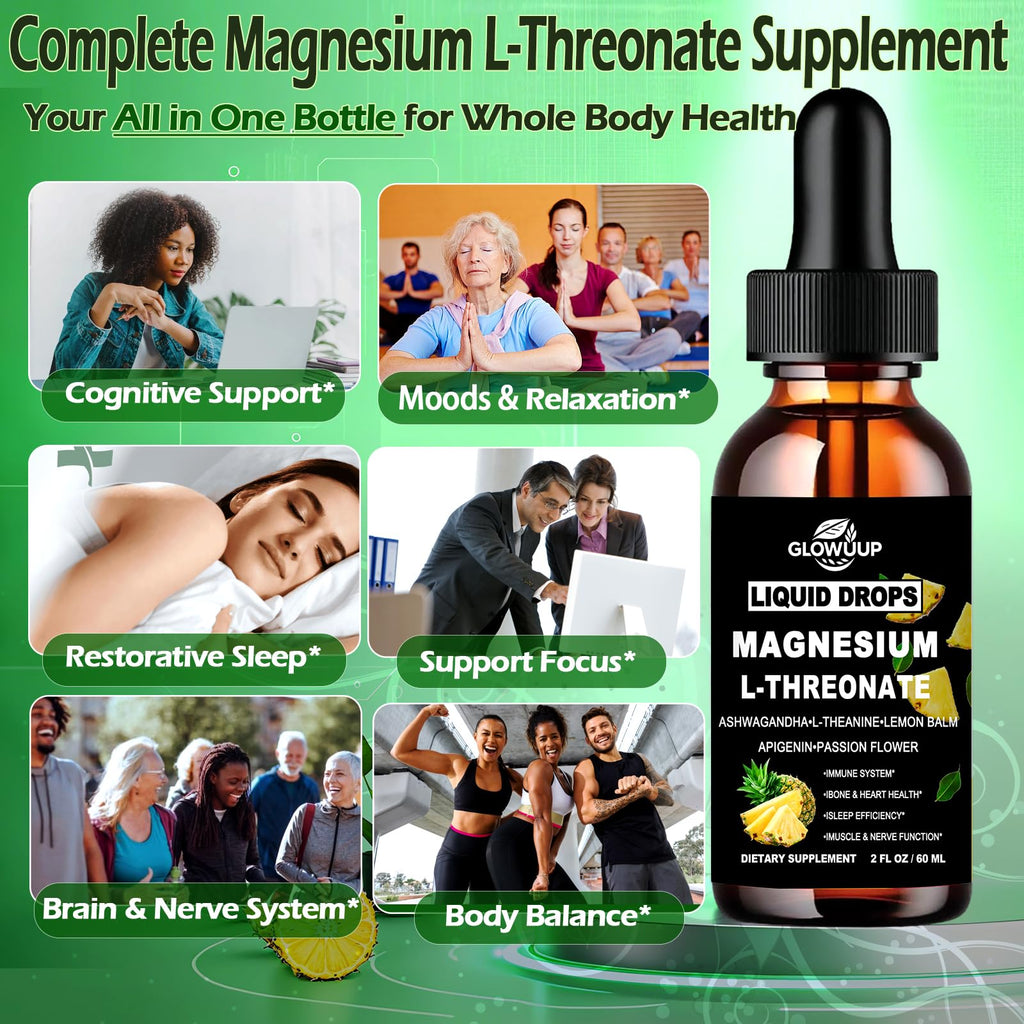 Magnesium L-Threonate Liquid Drops, Magnesium L Threonate Supplement w. Apigenin,Theanine,Lemon Balm for Sleep & Memory, Brain & Nerve Support, Fast Acting Liquid l Threonate Magnesium Than Capsules