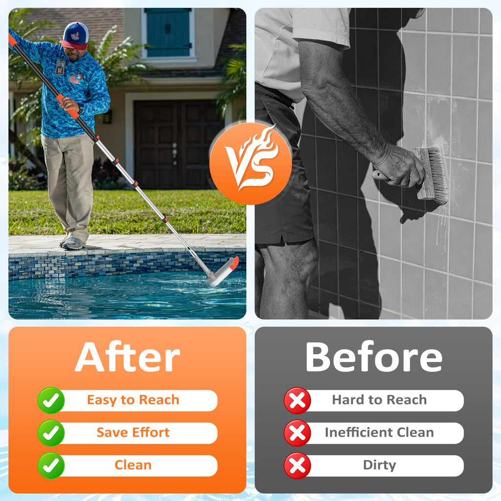 16FT Pool Brush with Pole, 19" Heavy Duty Swimming Pool Brush with 4-16FT Aluminum Telescopic Pole, Pool Scrubber Brush Head with Universal Adapter for Cleaning Pool Walls, Corners, Floors