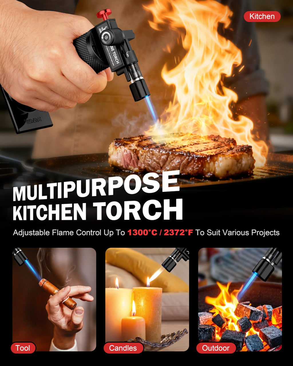RAVS Butane Torch Lighter, DUAL Flame Mode Kitchen Torch with Adjustable Flame, Refillable Creme Brulee Torch for Baking, Cooking, Metal Body Soldering Torch, Black/Red, Butane Gas Not Included