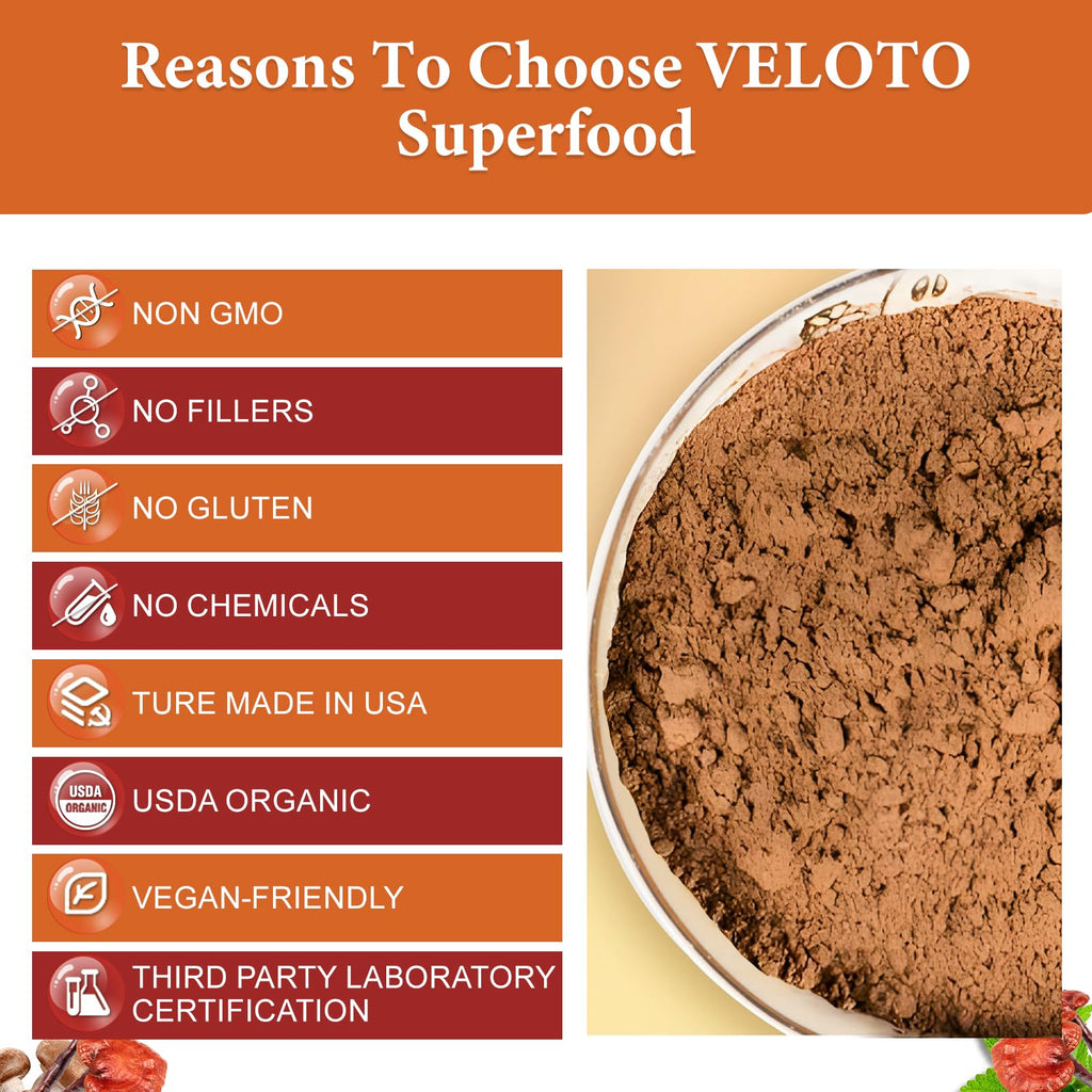 VELOTO Organic Mega Mushroom Powder Blend,10 in 1 Complex Mushroom Extract Powder Herbal Supplement with Reishi, Cordyceps, Chaga, Lion's Mane, Vegan & More, Sustainably US Grown, Filler Free, 10oz