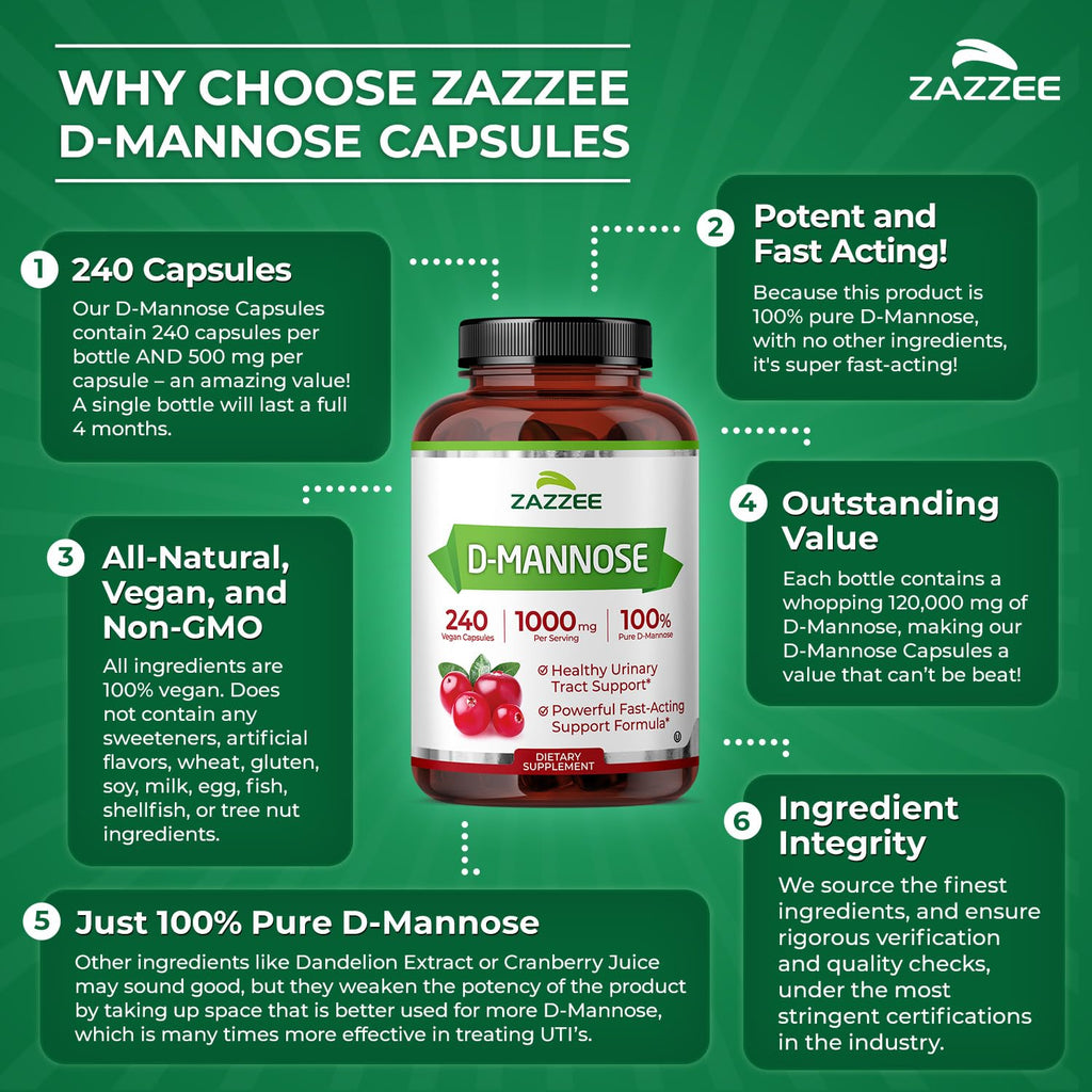 Zazzee D-Mannose, 1000 mg per Serving, 240 Vegan Capsules, 4 Month Supply, Potent & Fast-Acting, Certified Kosher, 100% Pure, All-Natural Urinary Tract Health Support, 100% Vegetarian, Non-GMO