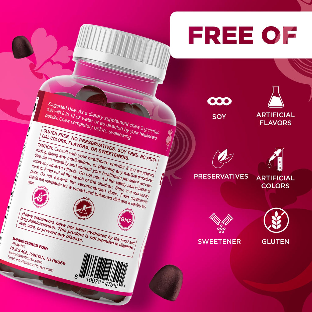 Vitamatic Beet Root Gummies with B6, B12, Grape Seed, Pomegranate & Nicotinamide – Plant-Based Extract – Vegan, Non-GMO – Botanical Supplement Gummies – 60 Count - 2 Pack (120 Count)
